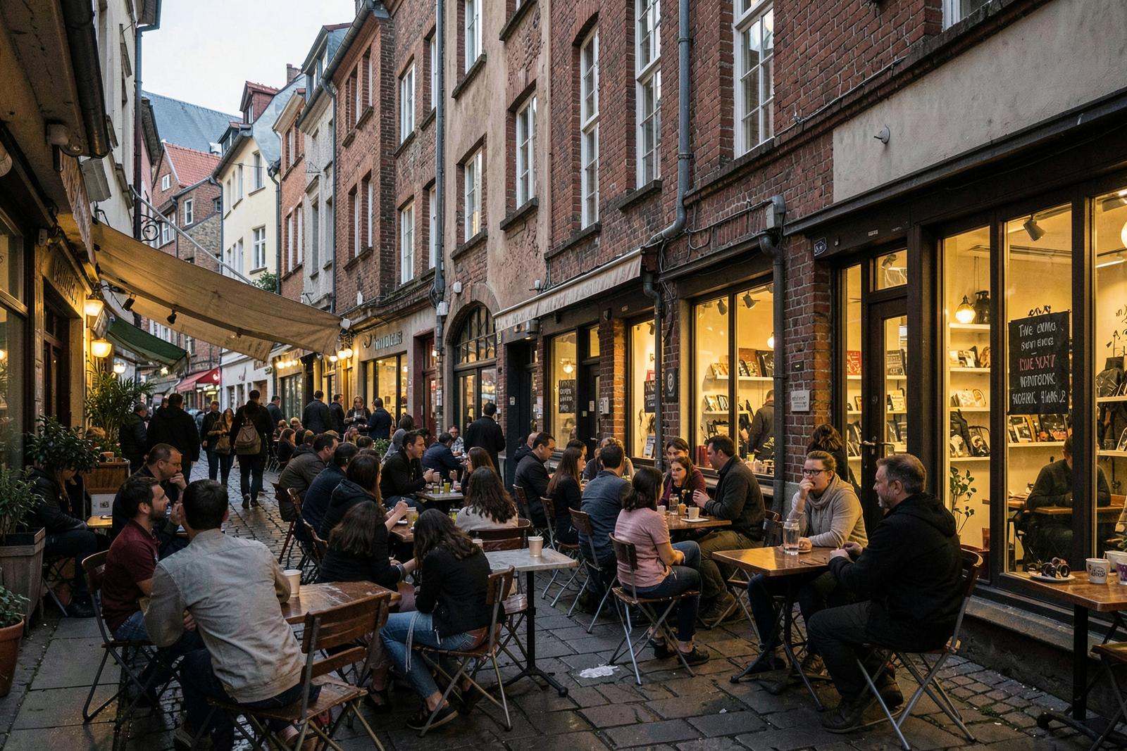 Gastronomie und Läden im Viertel am Abend