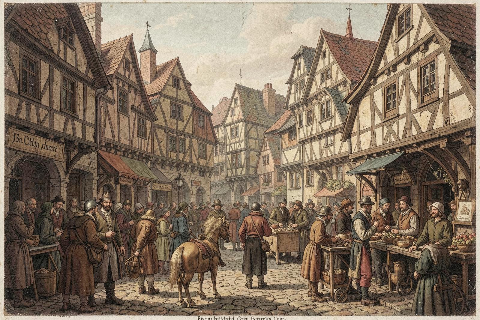 Historische Darstellung eines mittelalterlichen Marktes mit Fachwerkhäusern